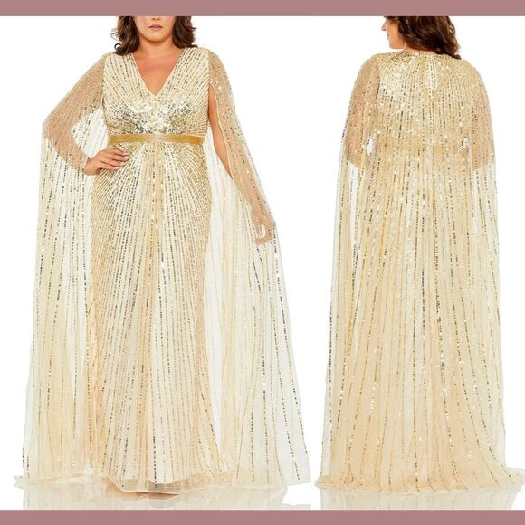 NWT $798 Mac Duggal [ 16W ] 5803 Cape Sequined V Neck Gown Nude‎ Gold #Q989 - Picture 1 of 16